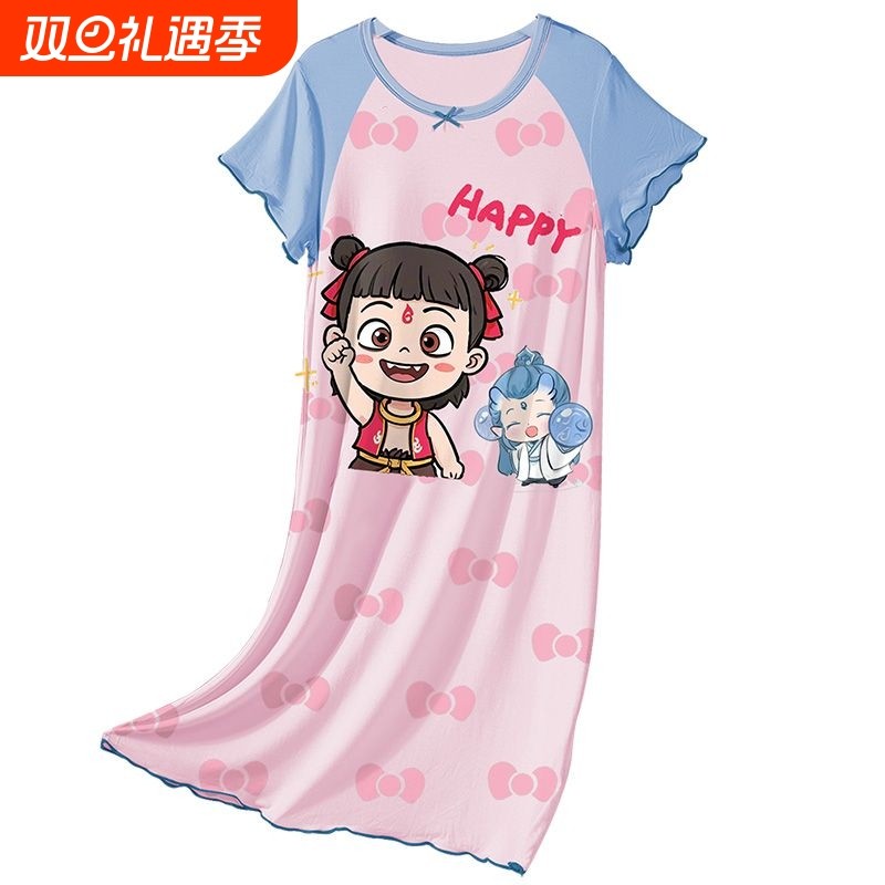 女童冰丝莫代尔女孩夏季睡裙中童宝宝卡通新款睡衣母女亲子家居服
