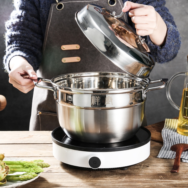 九阳汤锅不锈钢双耳锅加厚电磁炉通用锅具24-28cm煤气炉煲汤蒸锅