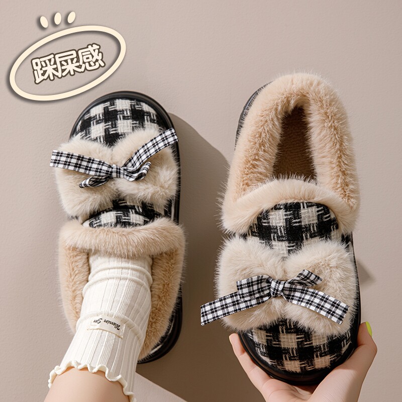 蝴蝶结千鸟格棉拖鞋女士2025新款冬季加绒加厚保暖外穿居家棉拖鞋