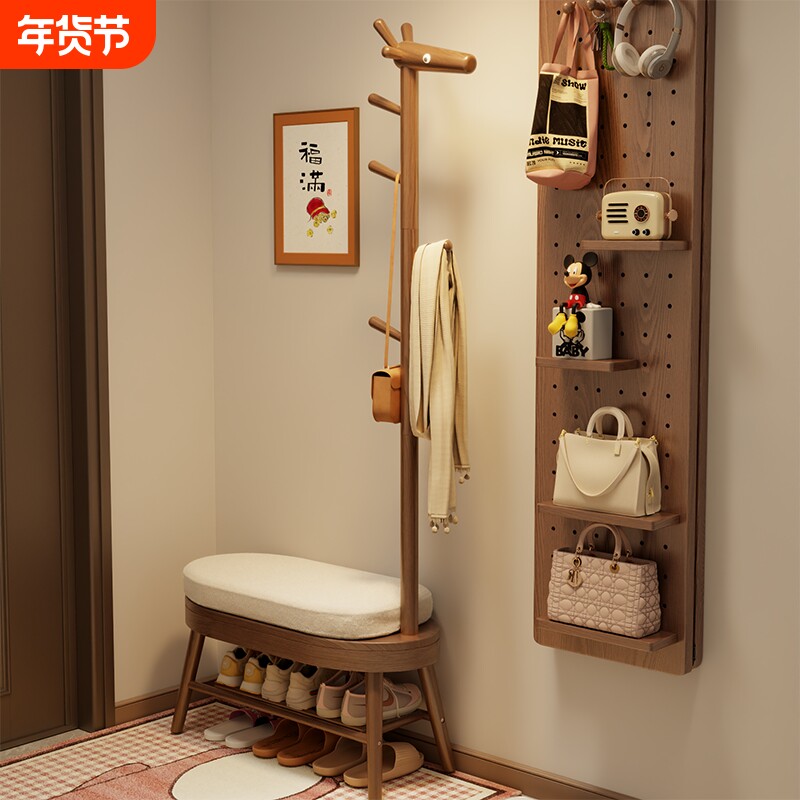 实木小鹿换鞋凳挂衣架一体家用门口可坐鞋柜穿鞋进门凳入户衣帽架