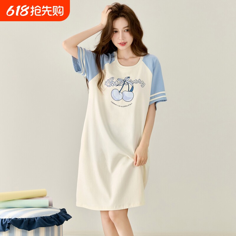 亦绚自带胸垫睡裙女夏季纯棉短袖防凸点可外穿宽松甜美家居服睡裙