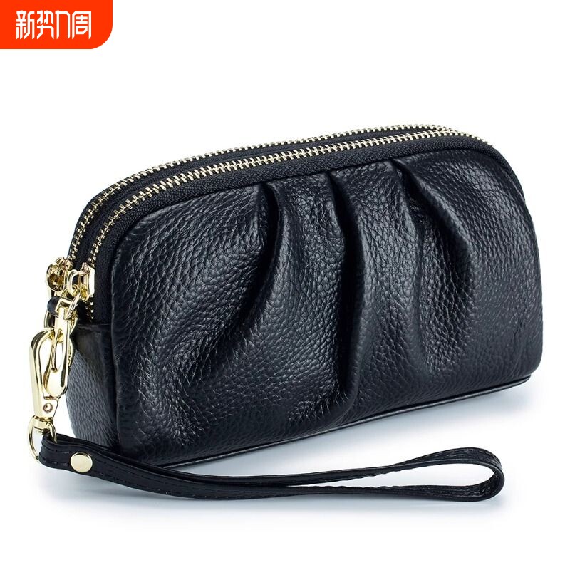 真皮质感气质褶皱款手拿包双层拉链大容量零钱包放手机手拎包长款