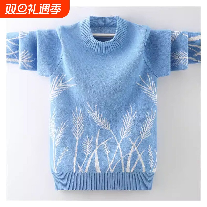 男童圆领毛衣线条秋冬季休闲新款加厚加绒中大童儿童保暖打底衫潮