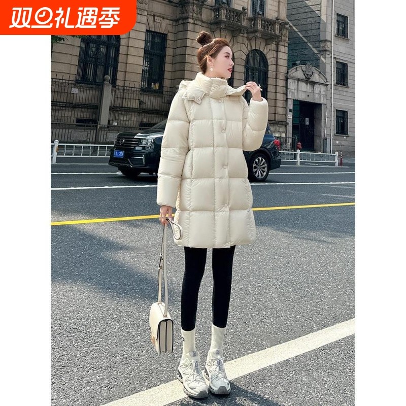 户外90白鹅绒白色羽绒服女中长款2025冬季新款连帽加厚面包服黑色