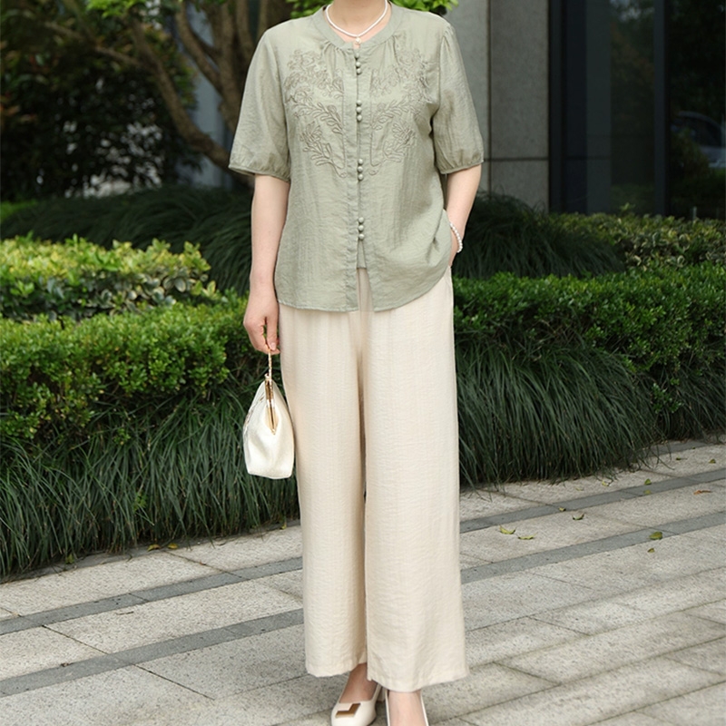 妈妈夏装短袖衬衫洋气中老年人女新中式国风衬衣奶奶上衣薄款套装