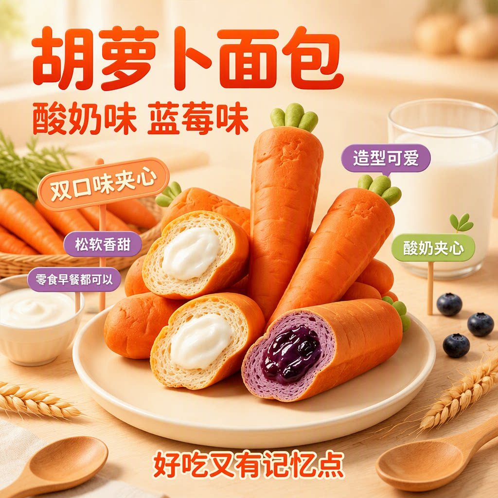 胡萝卜面包夹心好吃不腻早餐即食休闲小零食蓝莓手工解馋鸡蛋饱腹图片