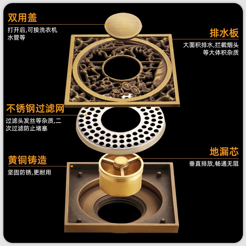 仿古黄铜防臭地漏卫生间淋浴房浴室地漏芯下水道双用地漏盖防臭器