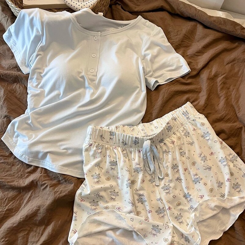 带胸垫短袖睡衣女夏卡通少女套装图片