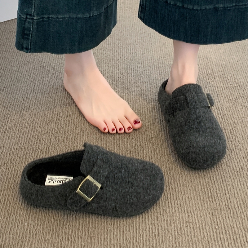 灰色毛毡勃肯鞋半拖女2025新款秋冬加绒一脚蹬懒人外穿包头棉拖鞋