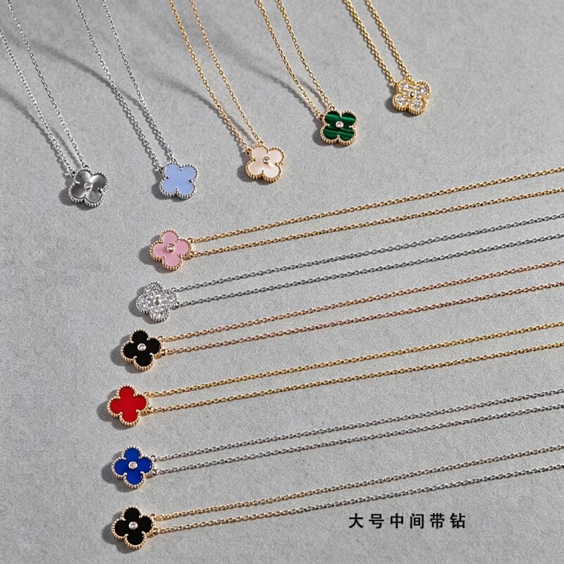 幸运四叶草单花带钻项链女士锁骨链轻奢礼物金色虎眼石贝母玫瑰金