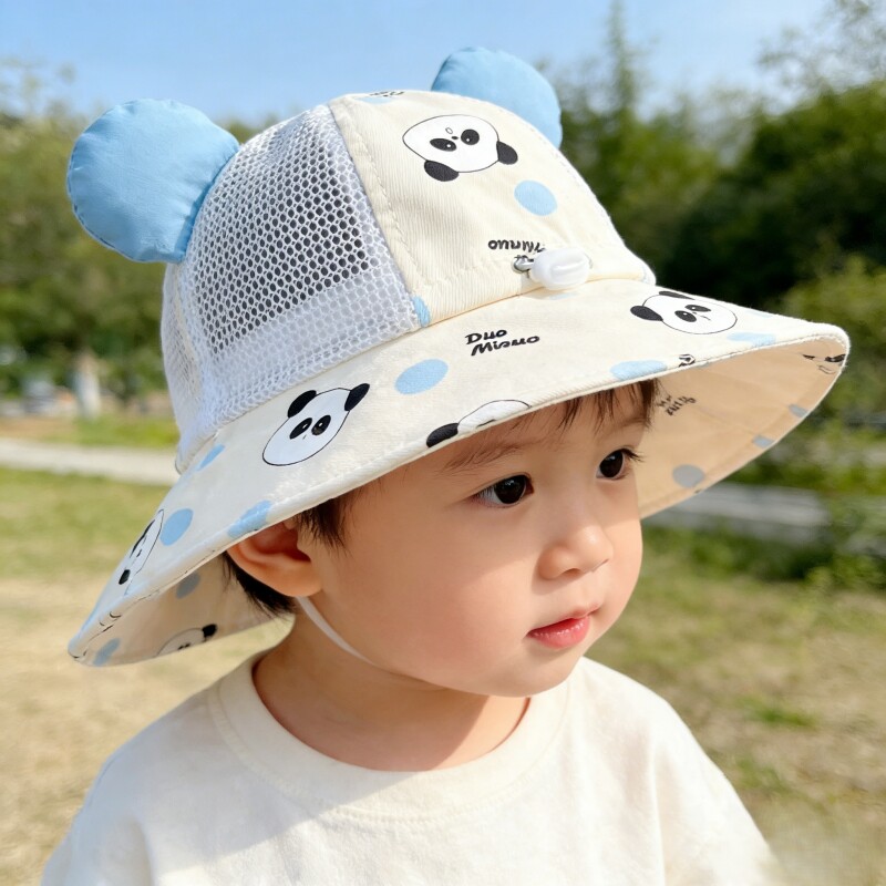 宝宝帽子夏季凉帽大帽檐防晒太阳帽男孩儿童遮阳渔夫帽女婴儿熊猫