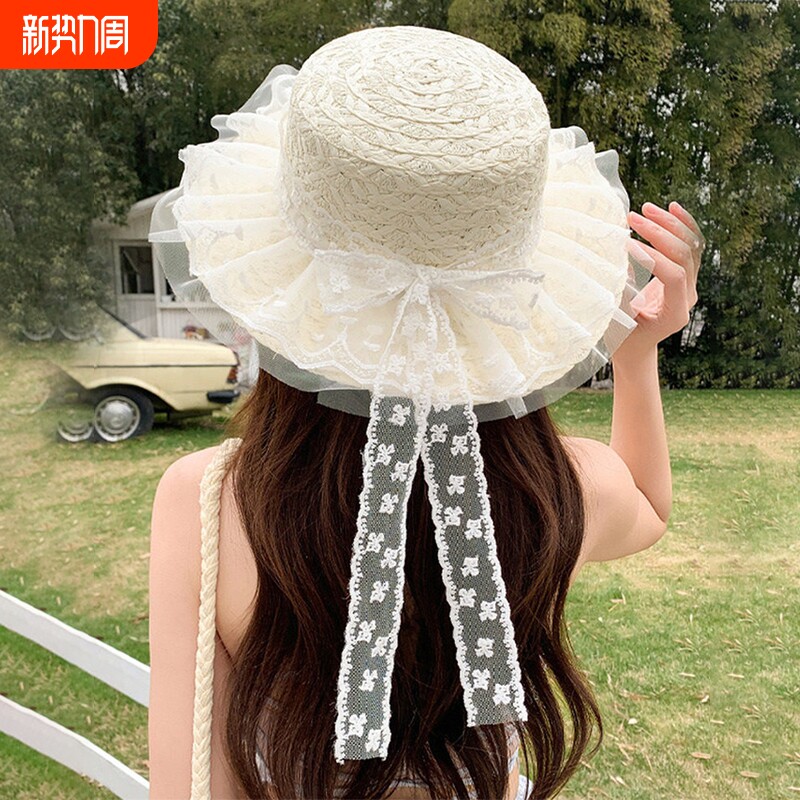 夏季新款法式蕾丝草帽女海边度假蝴蝶结防晒遮阳帽沙滩帽大帽檐