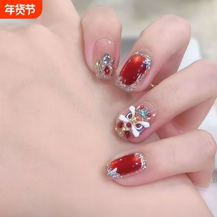 醒狮手工美甲穿戴战甲猫眼短款新年法式高级显白中长款红色杏仁