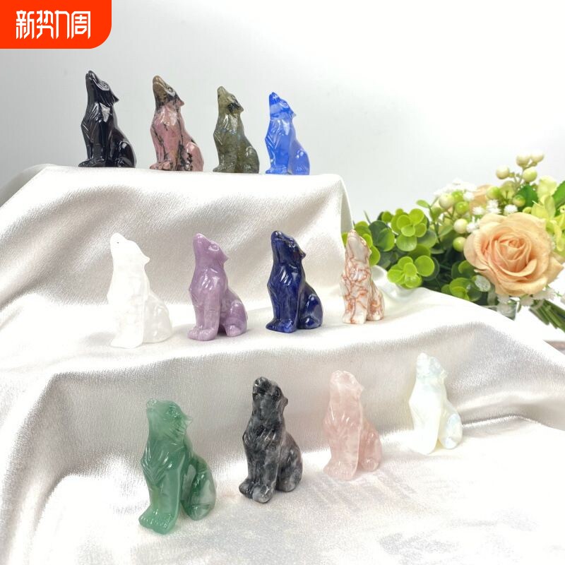 热销天然水晶小狼仔雕刻件原石矿标打磨家居装饰动物摆件