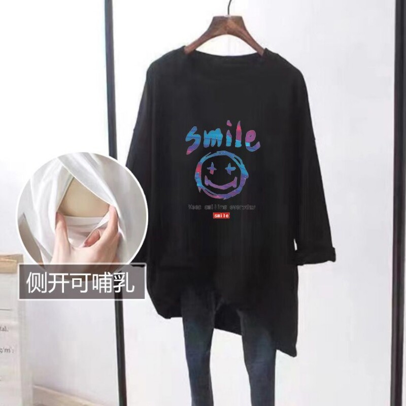 哺乳上衣春秋款外出辣妈款时尚哺乳期可哺乳t恤外穿喂奶衣服大码