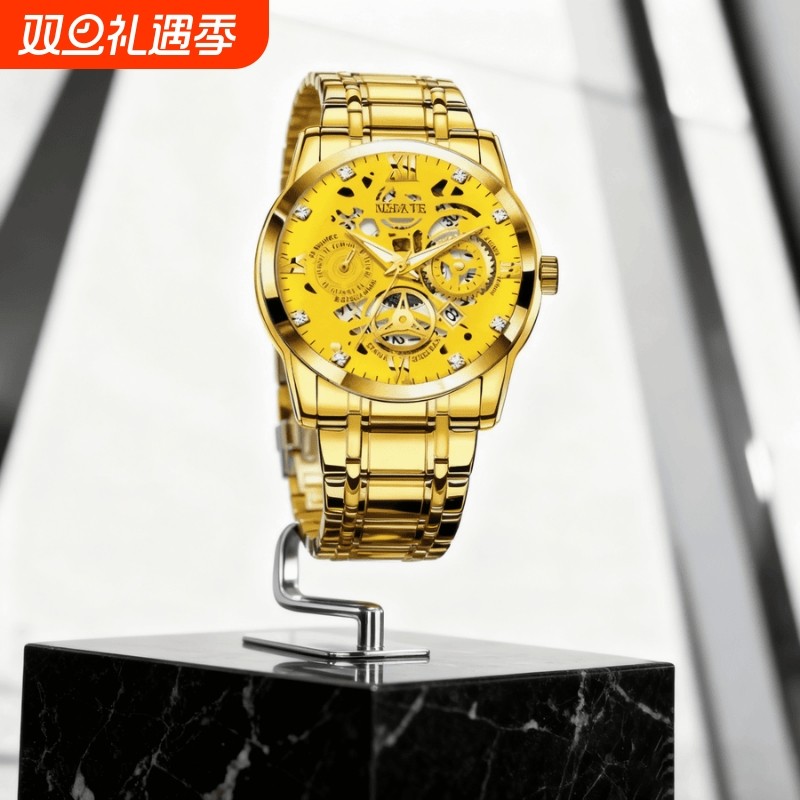 正品瑞士2024新款手表男士全自动机械风防水精钢带双日历男表夜光