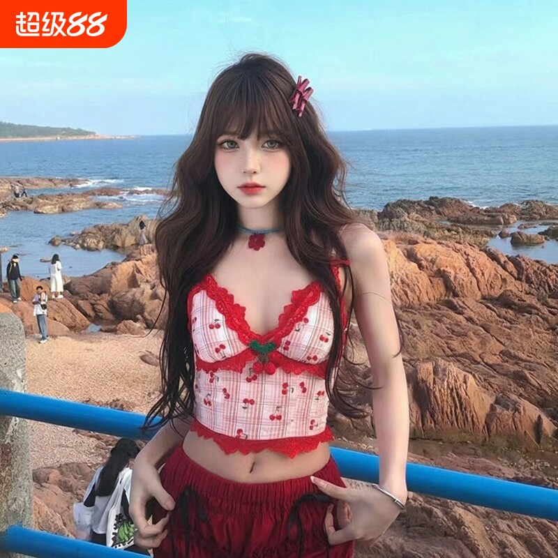 26新款泳衣蕾丝花边吊带樱桃印花甜美少女遮肉显瘦露腰海边度假女