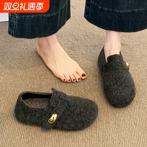厚底灰色勃肯鞋女加绒毛毛豆豆鞋2025新款冬季鞋子一脚蹬乐福棉鞋