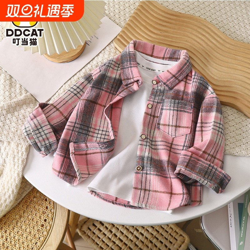 特价清仓亲子装秋冬翻领衬衫格子衬衣外套男女童开衫上衣外穿厚款
