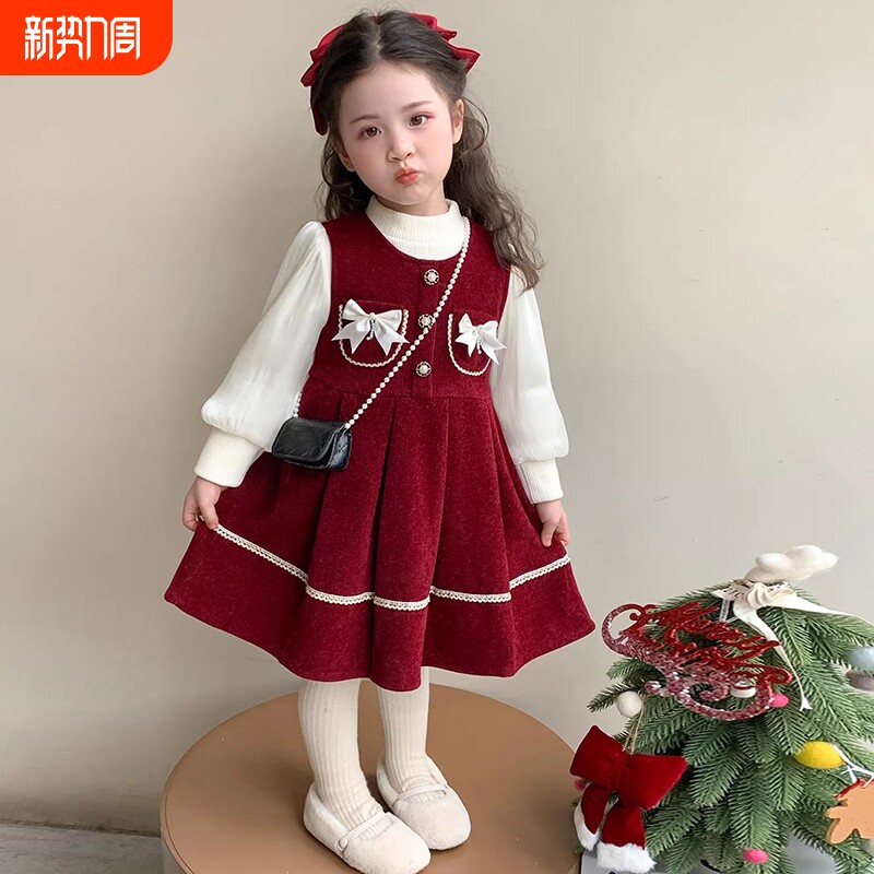 女童红色拜年服连衣裙2026新款冬季小童女孩过年毛衣裙子儿童套装