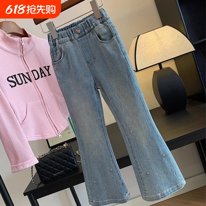 女童春秋冬季新款中大童加绒微喇裤童装儿童一体绒加厚牛仔喇叭裤