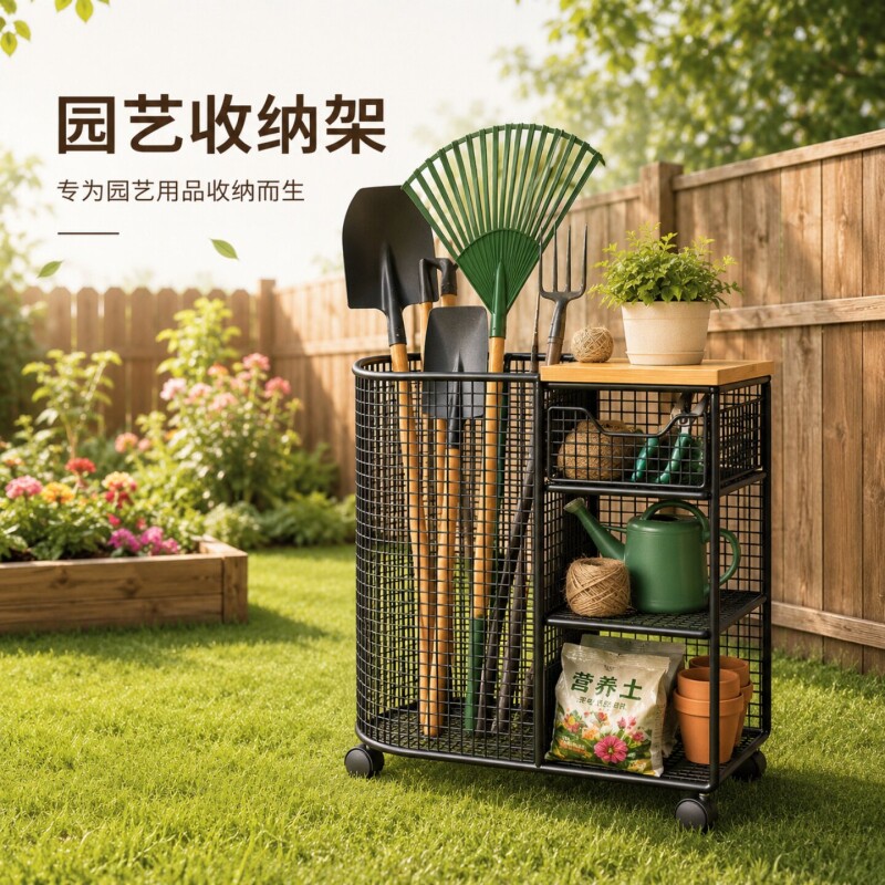 园林工具置物架别墅庭院园艺移动农用工具放置架车库五金收纳神器