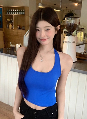 挂脖带胸垫吊带背心女红色设计感装饰辣妹风上衣白色黑色外穿灰色