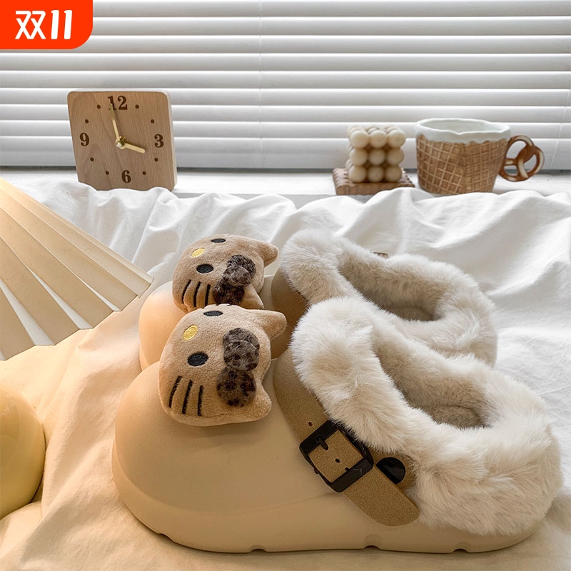 卡通kt猫加绒洞洞鞋女款2025新款秋冬外穿包头半拖鞋厚底毛毛棉拖