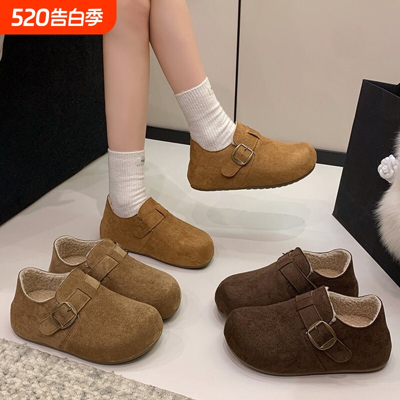 厚底内增高勃肯鞋女鞋子2025新款加绒毛毛豆豆鞋冬季百搭棉鞋毛绒