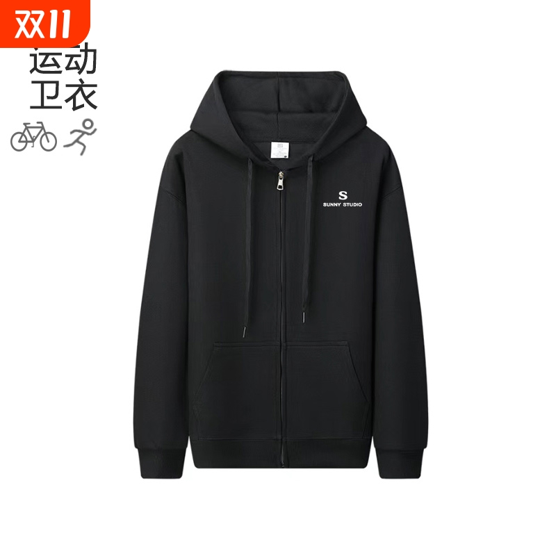 黑色加绒加厚印花连帽卫衣秋冬季新款宽松运动拉链外套长袖上衣女