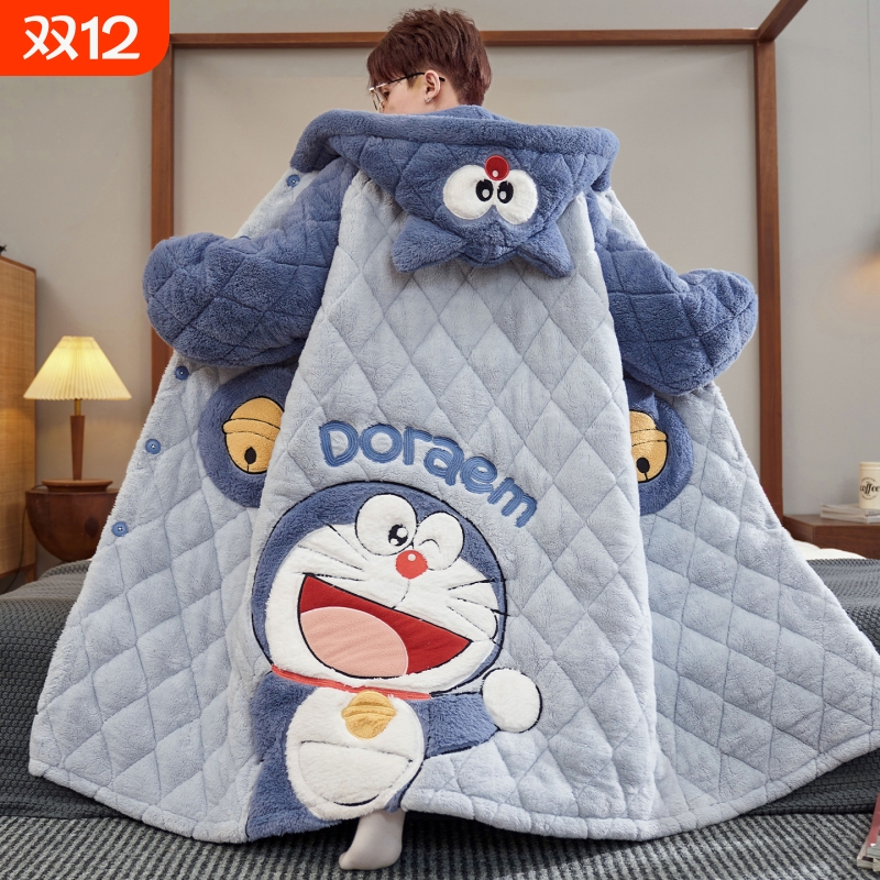 睡衣男款秋冬季珊瑚绒三层夹棉加绒加厚保暖叮当猫睡浴袍男家居服