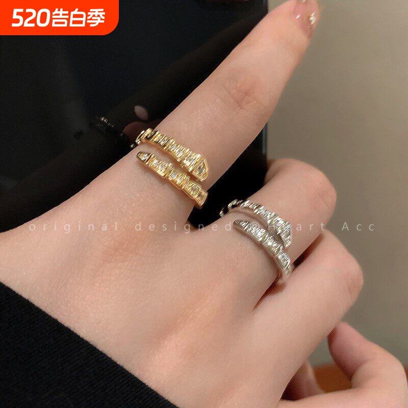 满钻开口蛇形戒指女ins潮时尚个性小众设计感轻奢冷淡风蛇骨指环