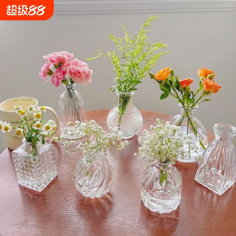 法式复古玻璃迷你小花瓶透明水培插花花瓶装饰摆件客厅小口轻奢