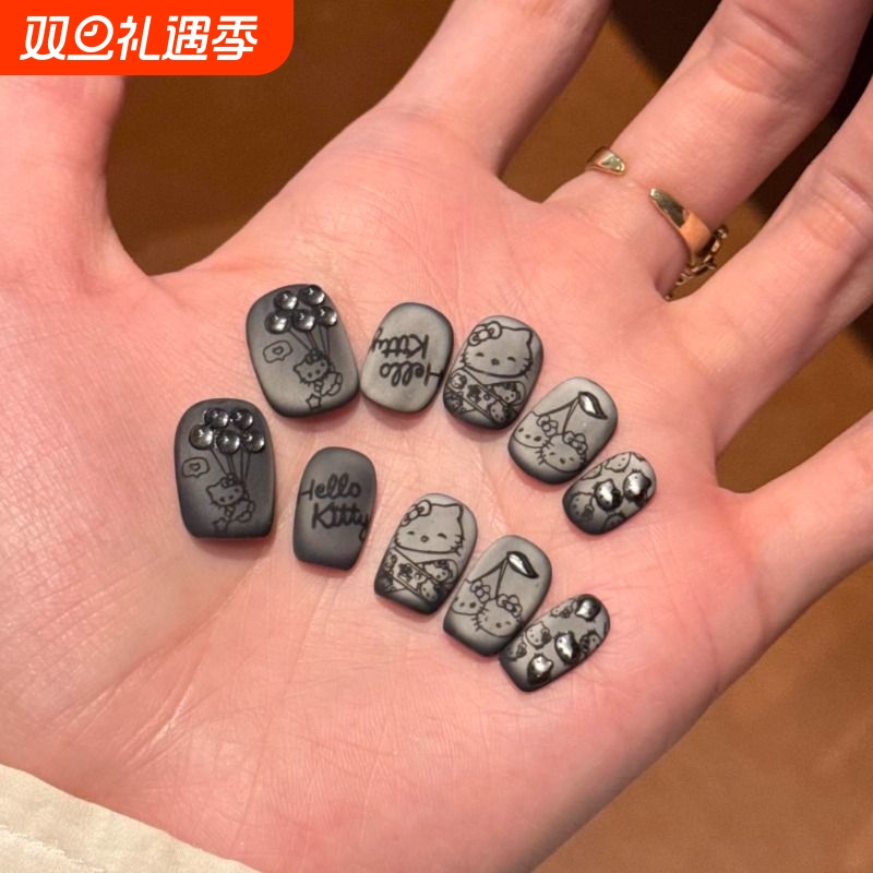 Kitty猫手工穿戴甲黑色磨砂猫眼可爱立体简约法式显白ins美甲短款