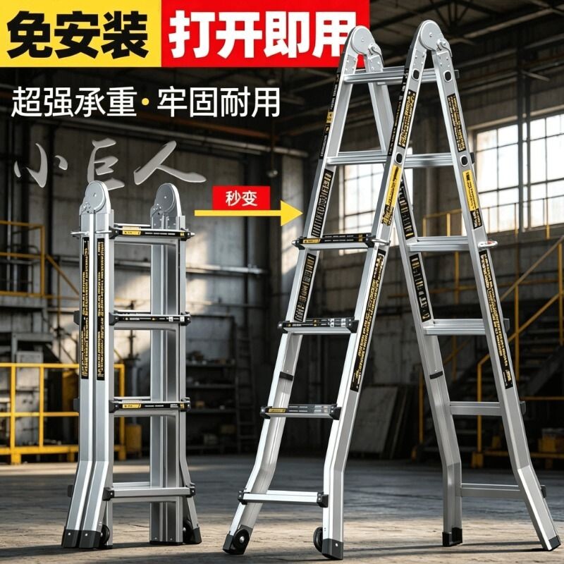 峰赞小巨人伸缩梯子家用多功能升降楼梯工程铝合金折叠梯人字梯