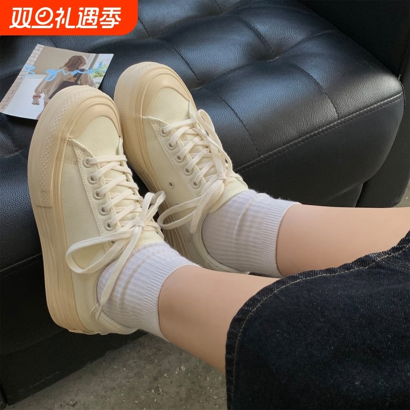 厚底奶油帆布鞋女溶解鞋2025夏季新款可爱日系大头鞋女百搭小白鞋