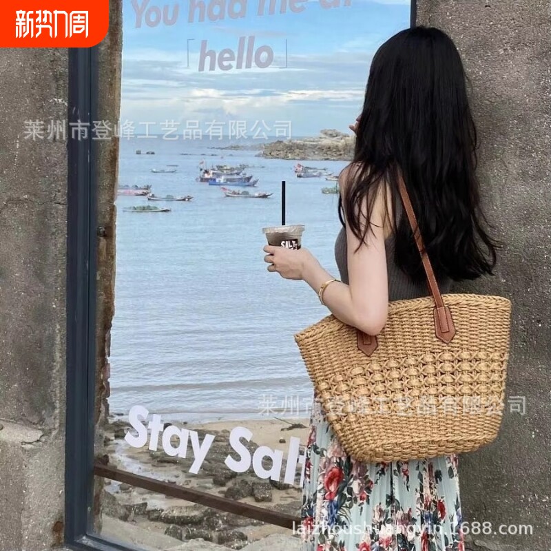 复古风草编夏季沙滩手提袋藤编包手工编织单肩包女士托特包通勤包