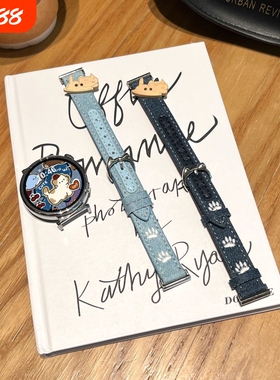 牛仔纽扣猫适用华为GT6表带5pro可爱猫咪牛仔皮质41mmGT4秋冬watch5高级蓝色可调节小米s4配件18mm/20mm/22mm