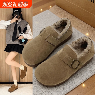 厚底全包勃肯女鞋豆豆鞋加绒2025新款冬季一脚蹬毛毛鞋博肯棉鞋子