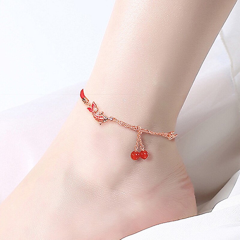 锦鲤本命年红手绳上岸脚链铃铛吊坠女士脚绳手工编织情侣足镯小众