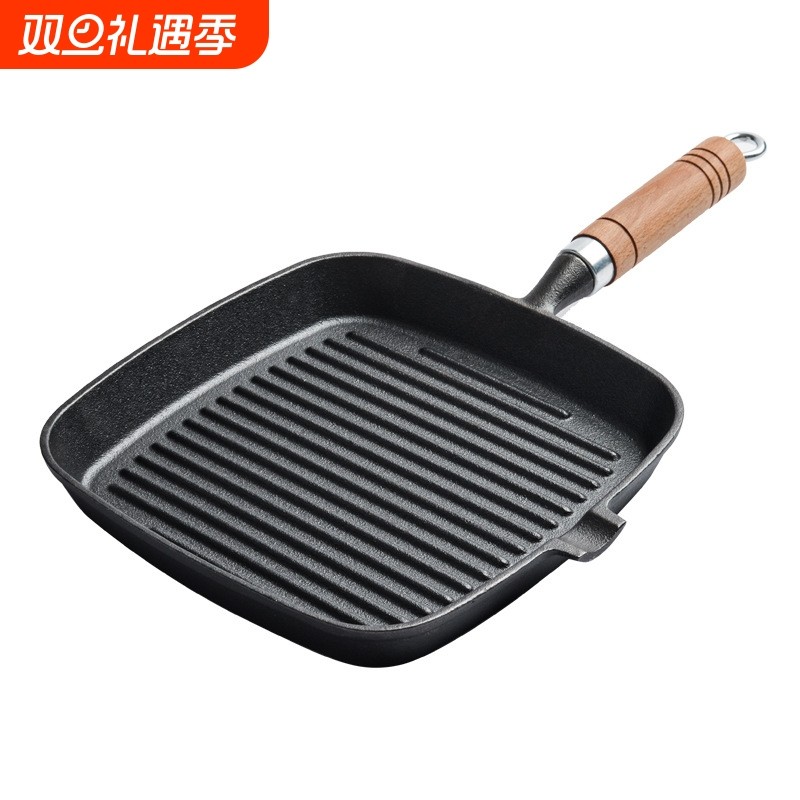 源头铸铁牛排煎锅无涂层不粘家用条纹24cm专用锅平底锅电磁炉
