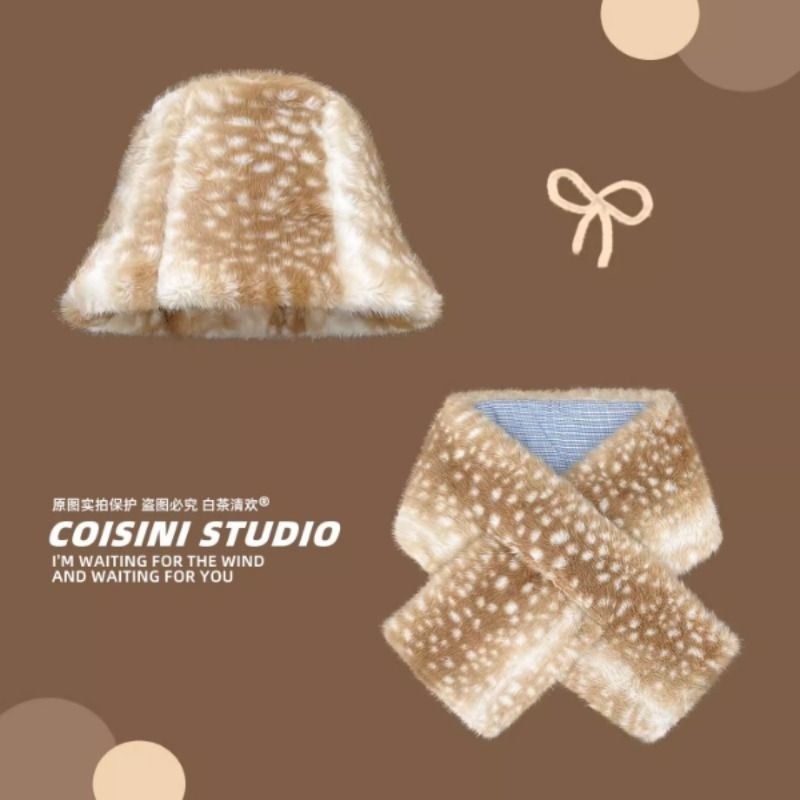 毛绒梅花鹿纹围脖渔夫帽两件套女秋冬新款保暖百搭氛围感盆帽围巾