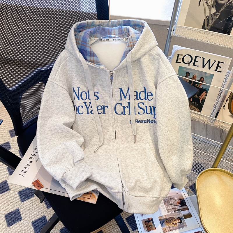 女童秋冬装外套2025新款10岁小女孩连帽灰色卫衣开衫13加绒棒球服