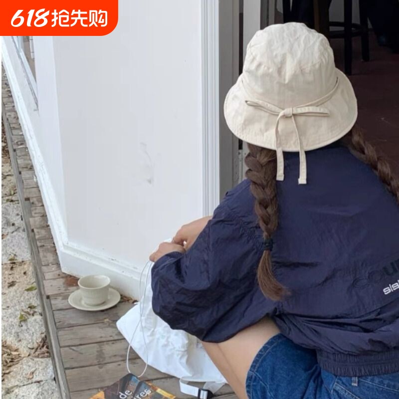 抽绳渔夫帽子女夏季薄款轻便防晒遮阳帽百搭显脸小盆帽潮大檐平顶
