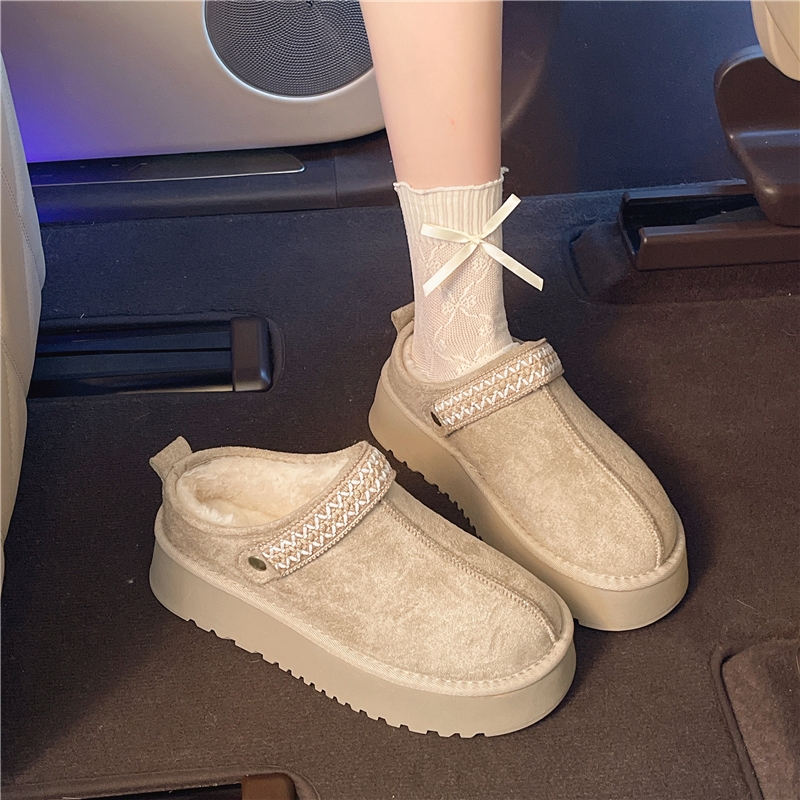 毛绒厚底一脚蹬半拖鞋女冬季加绒加厚保暖2025新款面包雪地棉拖鞋