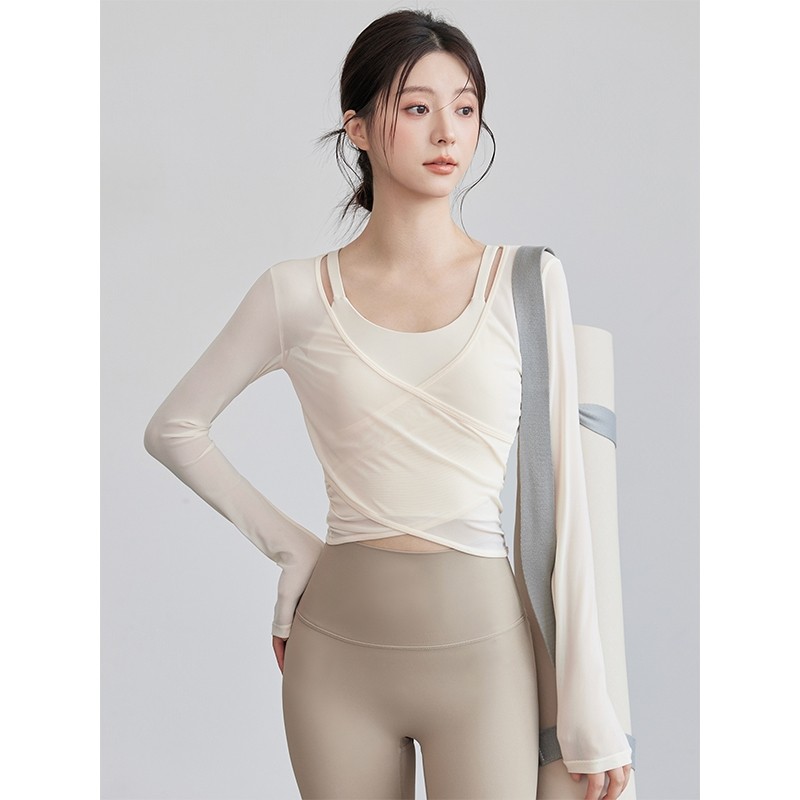 瑜伽服运动上衣网纱罩衫时尚长袖速干跑步训练大码健身套装普拉提