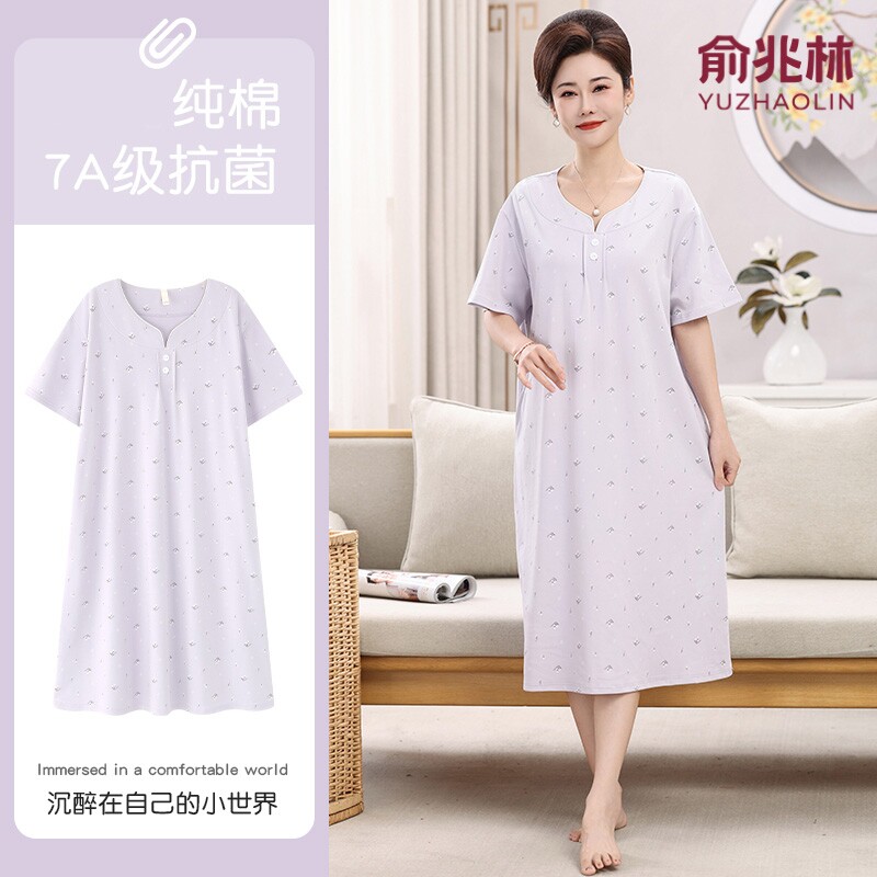 俞兆林妈妈睡裙夏季纯棉抑菌中长款家居服中老年大码宽松透气睡衣