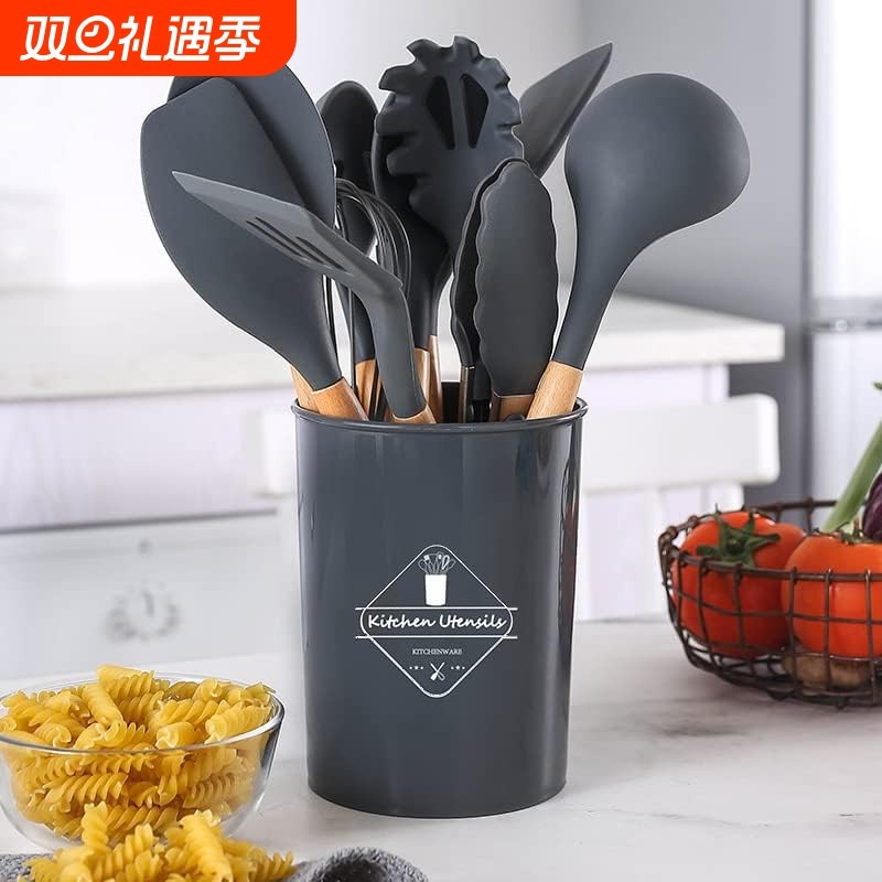 跨境硅胶厨具12件套厨房不粘锅烹饪锅铲煎铲木柄桶装厨房工具套装
