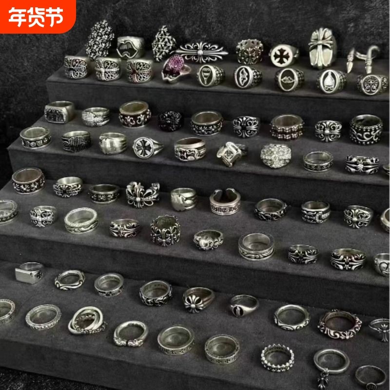 925银布艺戒指 潮款男士925银复古十字架戒指大号不掉色小众高