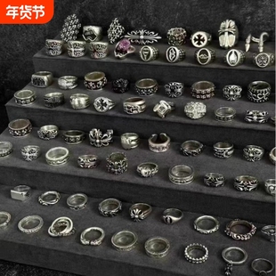 925银布艺戒指 潮款男士925银复古十字架戒指大号不掉色小众高级